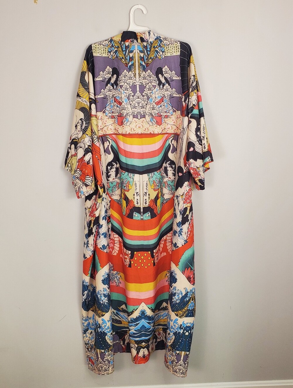 Micas Japanese Multicolor Print Kimono Robe Jacket Satin Boho Duster Size M - Picture 2 of 15